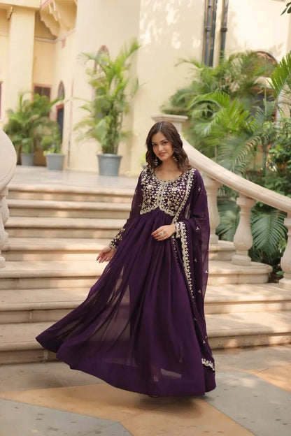 Cinder Wine Georgette Multi Sequins Zari Embroidery Work Gown With Dupatta
