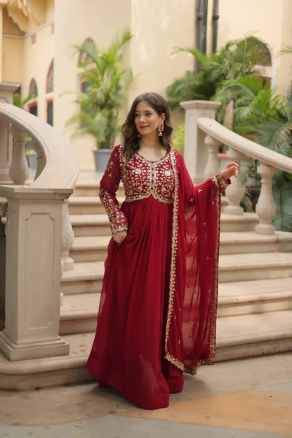 Maroon Georgette Multi Sequins Zari Embroidery Work Gown With Dupatta