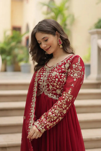 Maroon Georgette Multi Sequins Zari Embroidery Work Gown With Dupatta