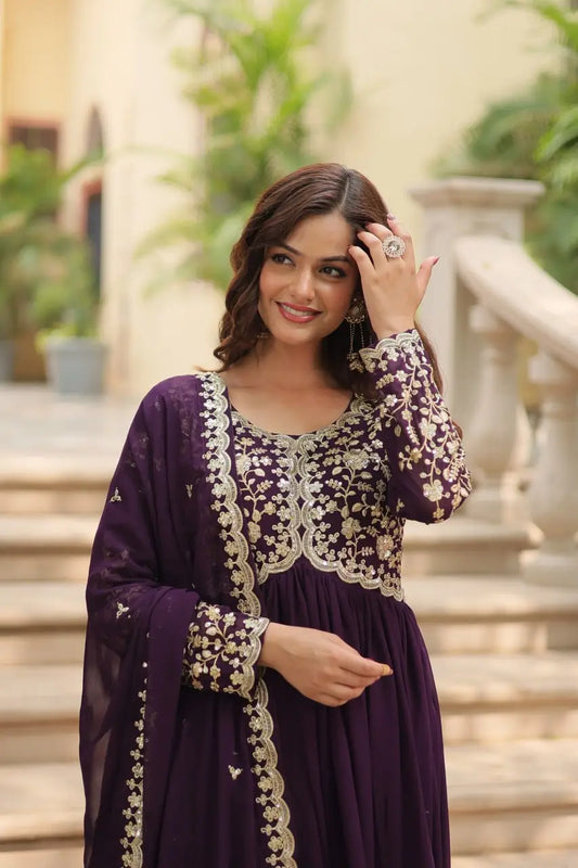 Cinder Wine Georgette Multi Sequins Zari Embroidery Work Gown With Dupatta