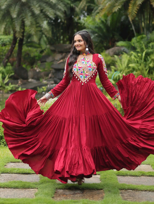 Maroon Rayon Kutchi Gamthi  Patch Work Navratri Gown