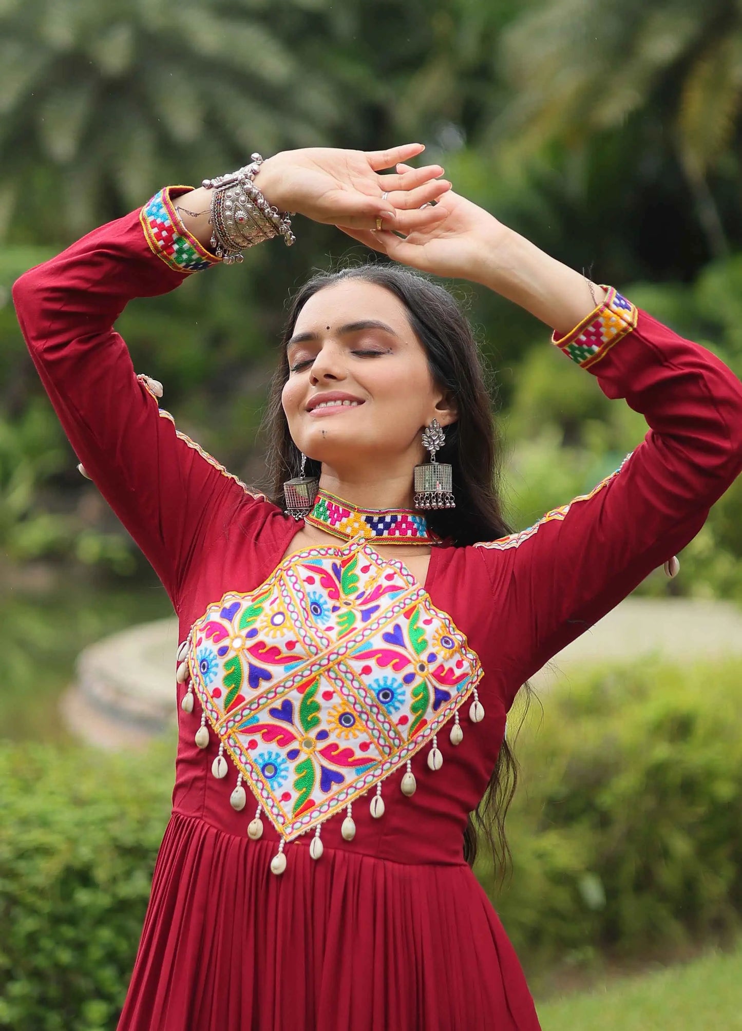 Maroon Rayon Kutchi Gamthi  Patch Work Navratri Gown