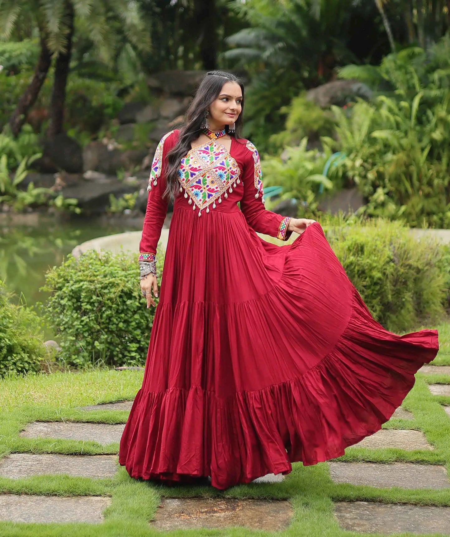 Maroon Rayon Kutchi Gamthi  Patch Work Navratri Gown