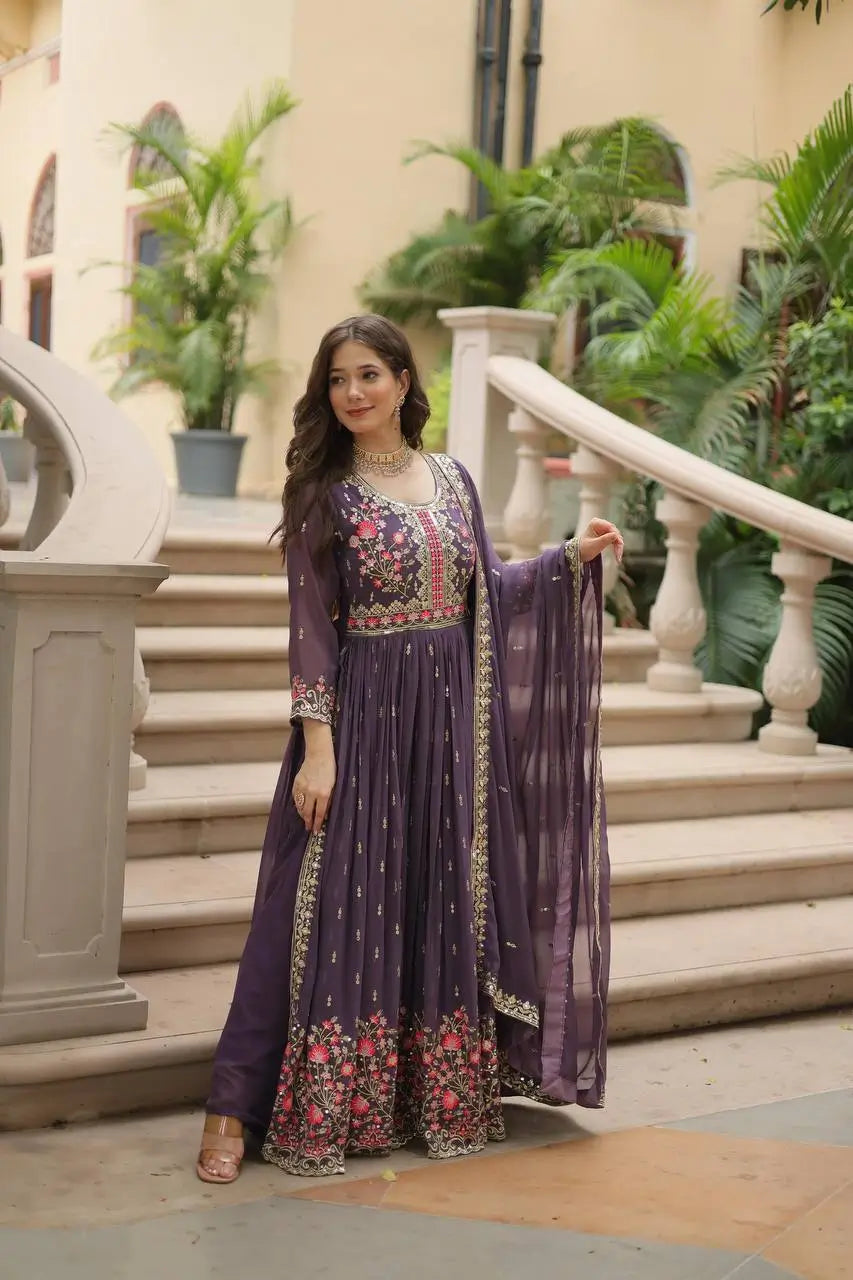 Lavender Georgette Embroidery Work Side Cut Gown With Dupatta And Sharara