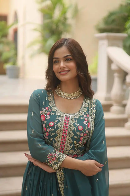 Gable Green Georgette Embroidery Work Side Cut Gown With Dupatta And Sharara