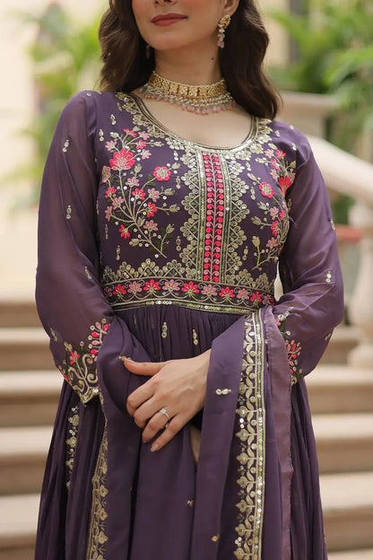 Lavender Georgette Embroidery Work Side Cut Gown With Dupatta And Sharara