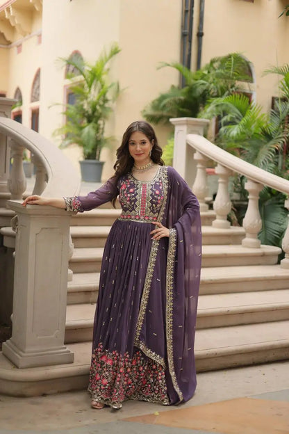 Lavender Georgette Embroidery Work Side Cut Gown With Dupatta And Sharara