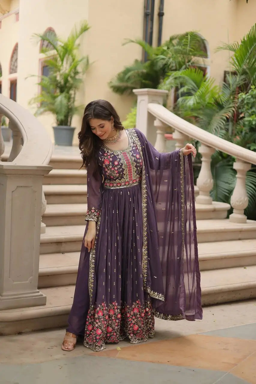 Lavender Georgette Embroidery Work Side Cut Gown With Dupatta And Sharara