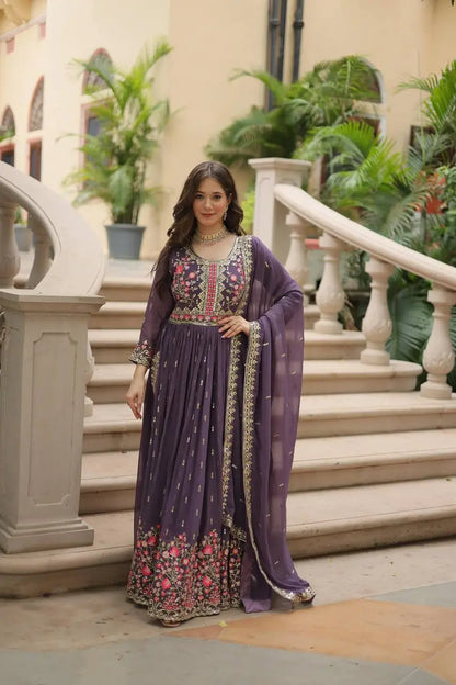 Lavender Georgette Embroidery Work Side Cut Gown With Dupatta And Sharara