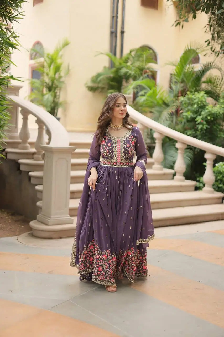 Lavender Georgette Embroidery Work Side Cut Gown With Dupatta And Sharara