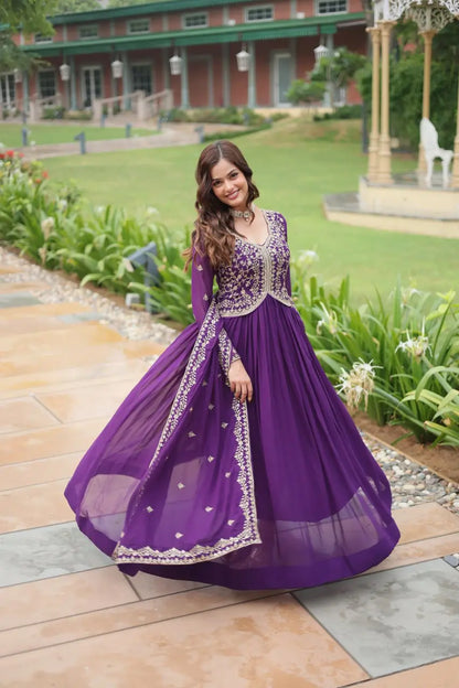 Dark Purple Zari Multi Sequins Embroidery Work Georgette Gown With Dupatta