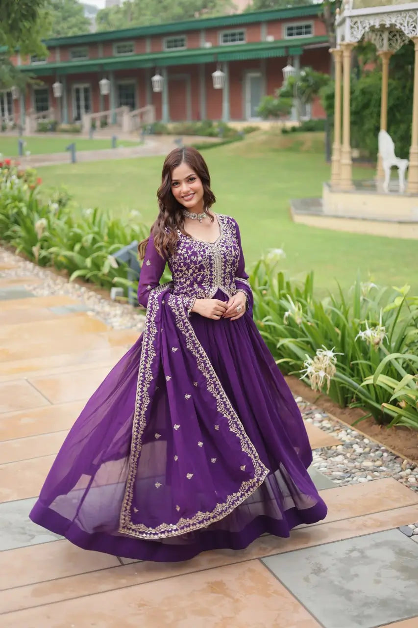 Dark Purple Zari Multi Sequins Embroidery Work Georgette Gown With Dupatta