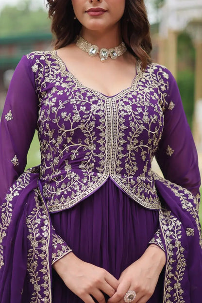 Dark Purple Zari Multi Sequins Embroidery Work Georgette Gown With Dupatta