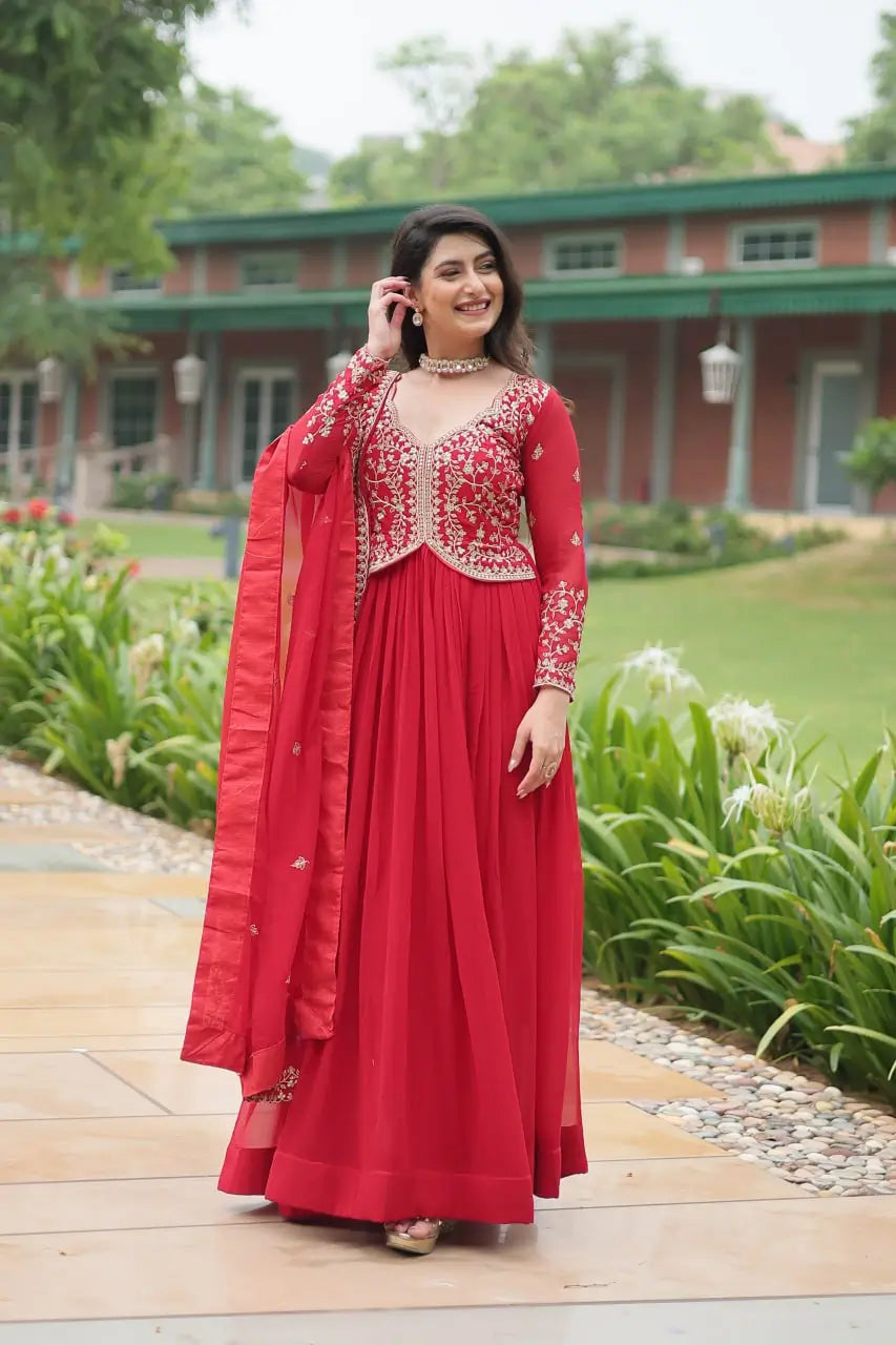 Shiraz Red Zari Multi Sequins Embroidery Work Georgette Gown With Dupatta