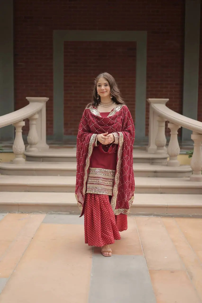 Maroon Georgette Thread Sequins Embroidery Work Sharara Suit With Dupatta