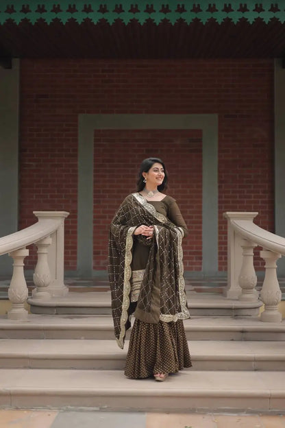 Mehndi Green Georgette Thread Sequins Embroidery Work Sharara Suit With Dupatta