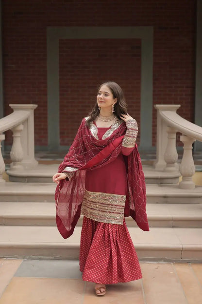 Maroon Georgette Thread Sequins Embroidery Work Sharara Suit With Dupatta