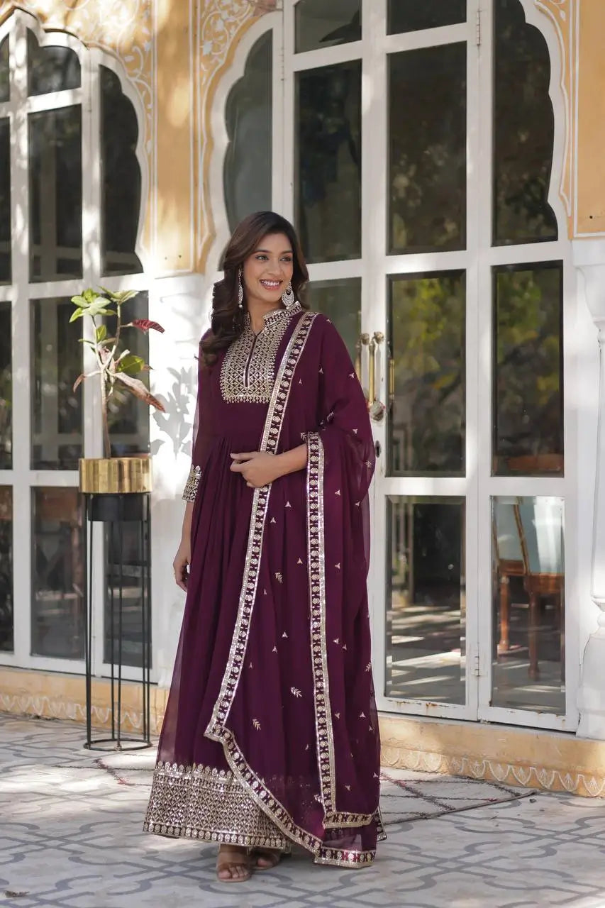 New Wine Georgette Rich Sequins Embroidery Work Gown With Dupatta