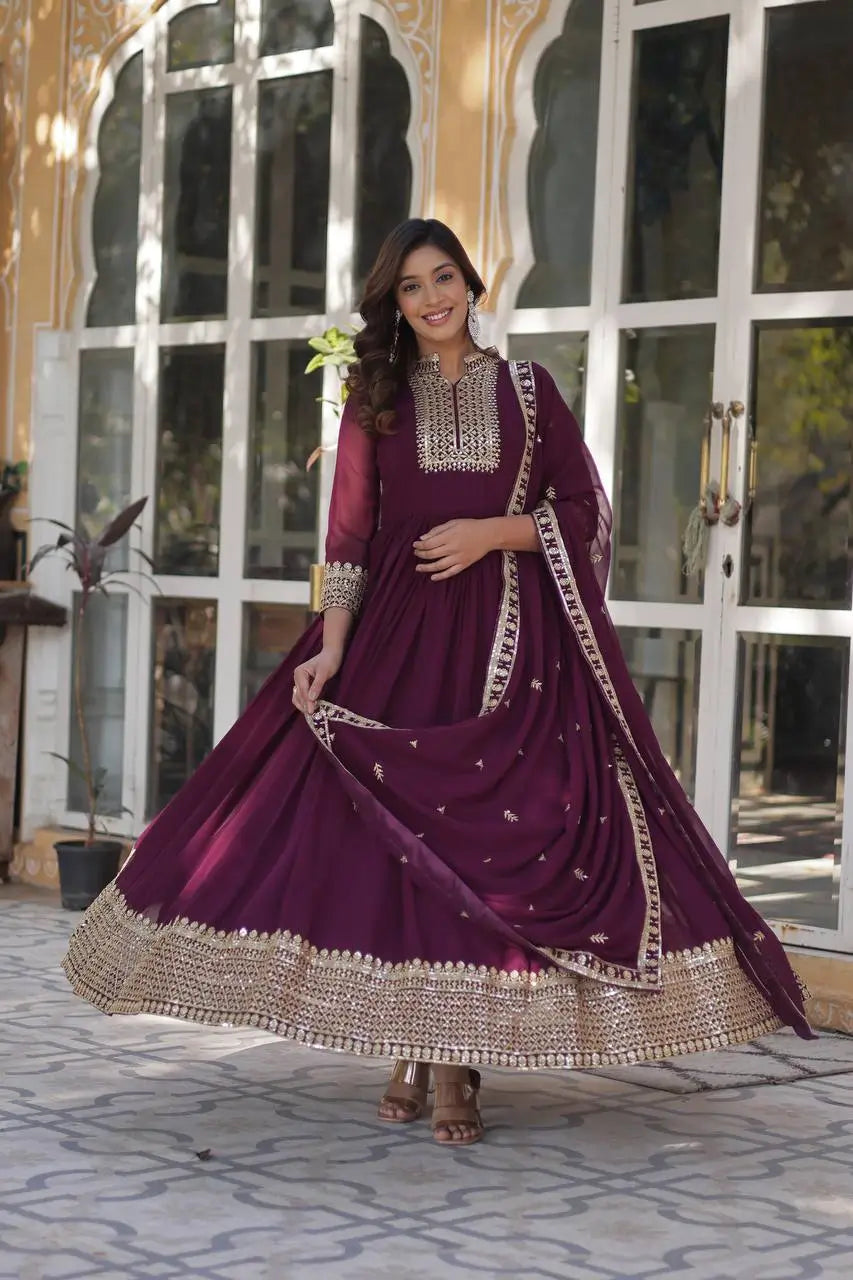 New Wine Georgette Rich Sequins Embroidery Work Gown With Dupatta