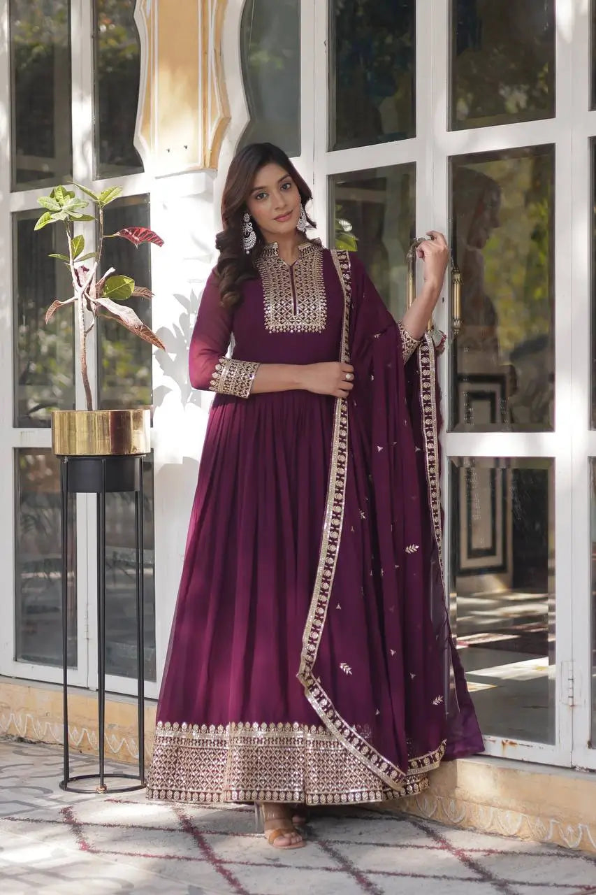 New Wine Georgette Rich Sequins Embroidery Work Gown With Dupatta