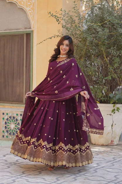 Old Mauve Zari Sequins Embroidery Work Georgette Gown With Dupatta