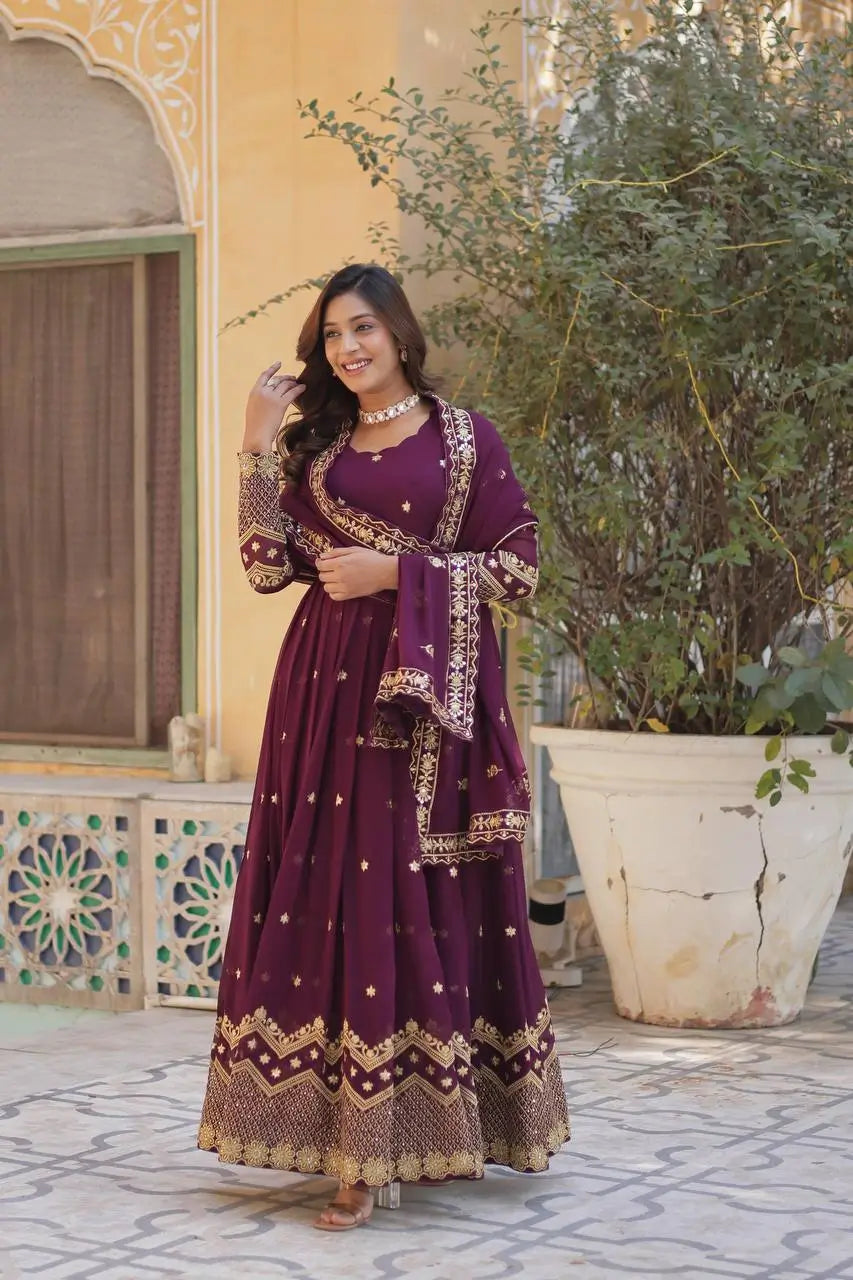 Old Mauve Zari Sequins Embroidery Work Georgette Gown With Dupatta