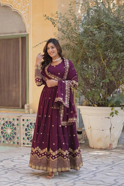 Old Mauve Zari Sequins Embroidery Work Georgette Gown With Dupatta