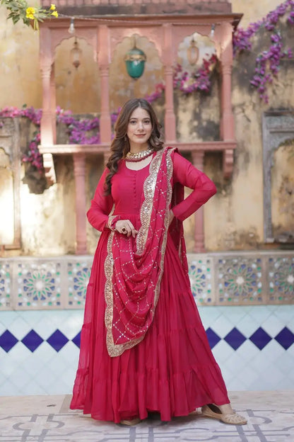 Light Red Georgette Fully Flair Gown With Embroidery Work Dupatta