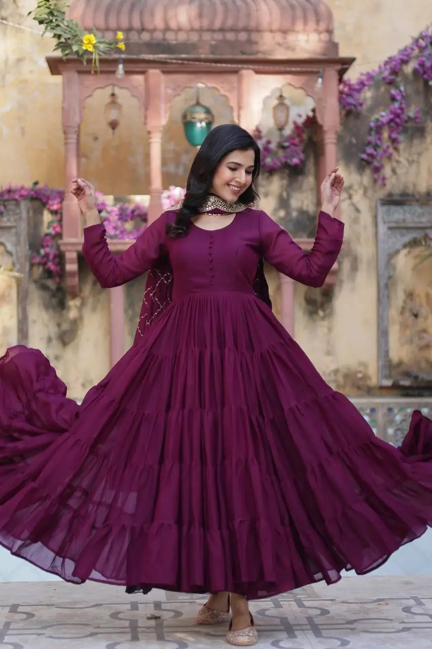 Wine Berry Georgette Fully Flair Gown With Embroidery Work Dupatta
