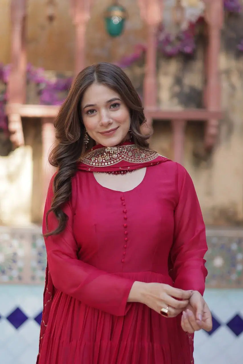 Light Red Georgette Fully Flair Gown With Embroidery Work Dupatta