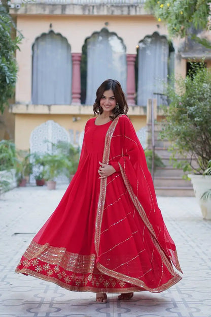 Hot Red Georgette Gown With Multi Sequins Embroidery Work With Dupatta