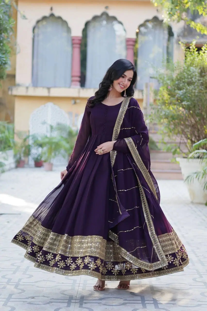 Deep Wine Georgette Gown With Multi Sequins Embroidery Work With Dupatta