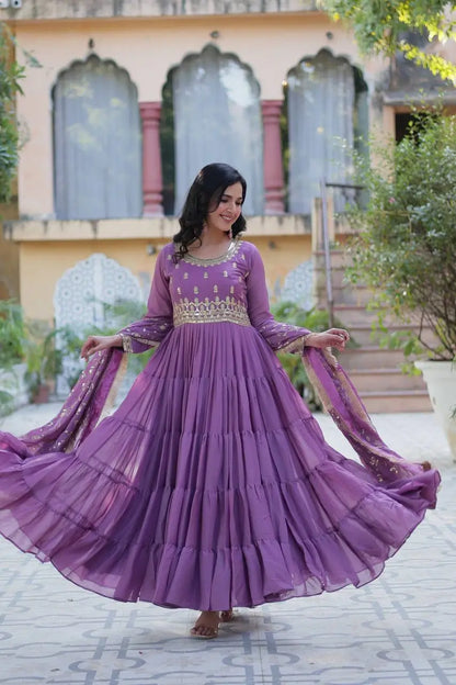 Dark Lavender Georgette Fully Flair Gown With Embroidery Work With Heavy Dupatta