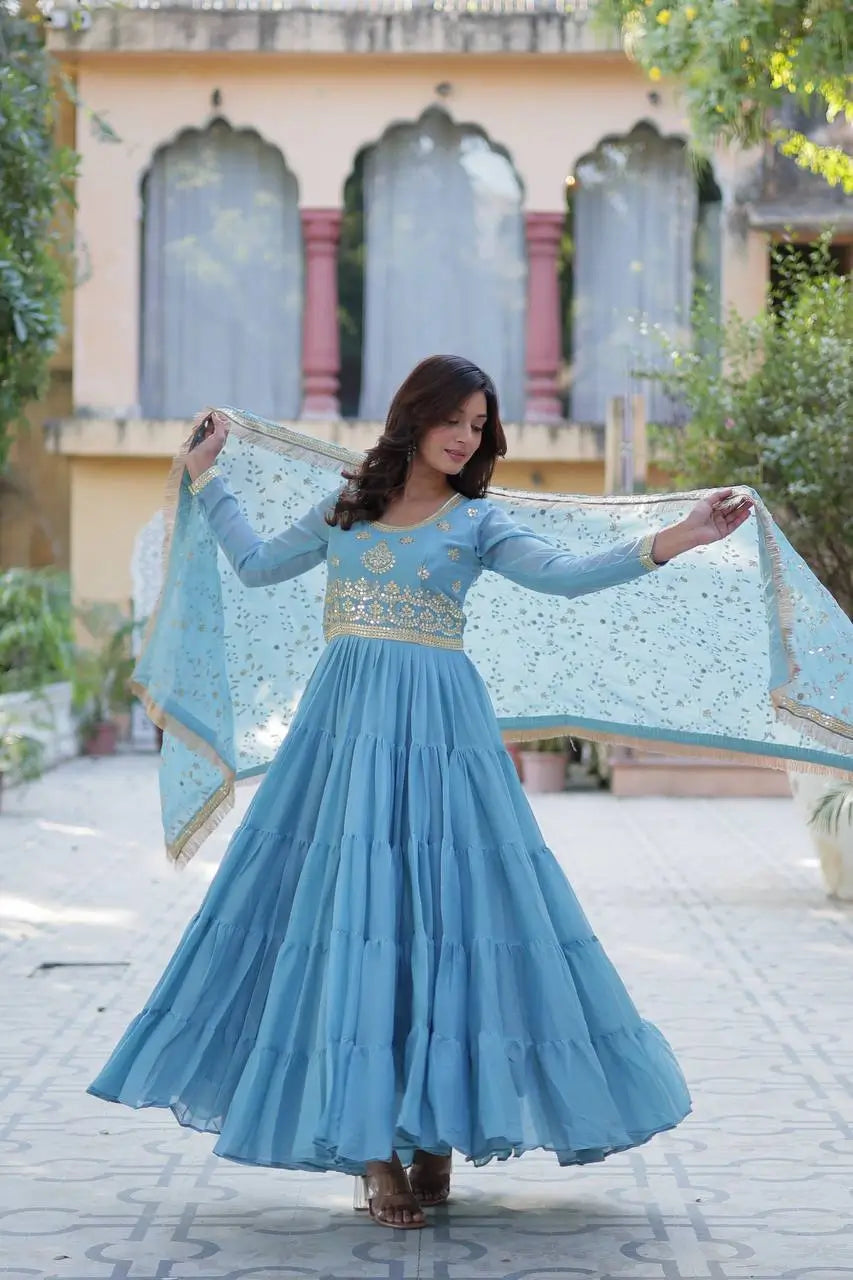 Sky Blue Embroidery Work Georgette Fully Flair Gown And Heavy Dupatta
