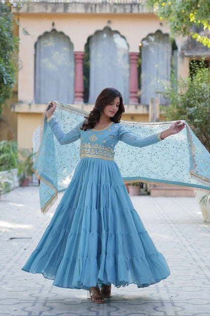 Sky Blue Embroidery Work Georgette Fully Flair Gown And Heavy Dupatta