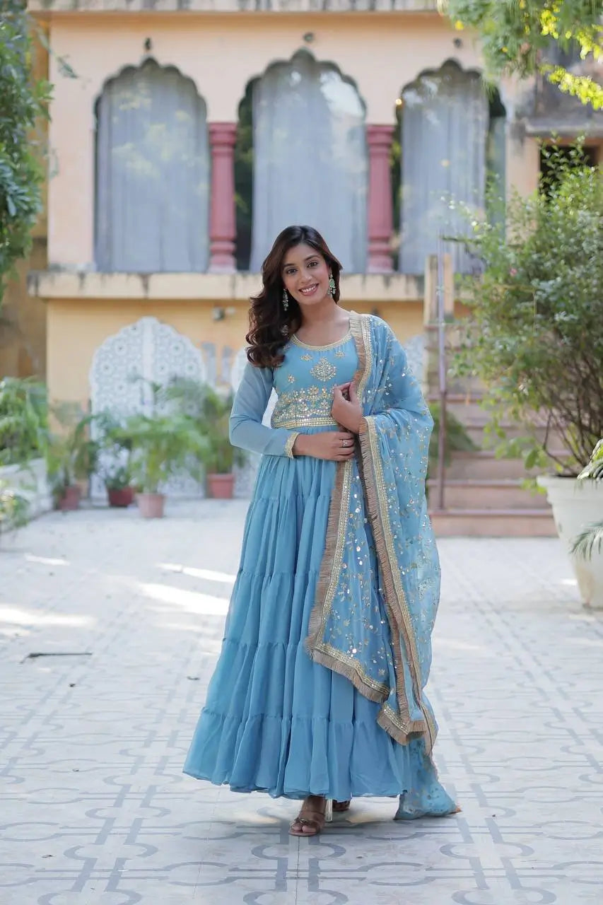 Sky Blue Embroidery Work Georgette Fully Flair Gown And Heavy Dupatta