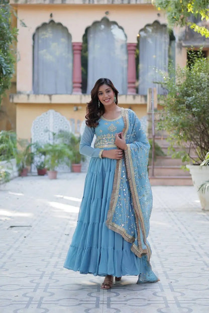 Sky Blue Embroidery Work Georgette Fully Flair Gown And Heavy Dupatta