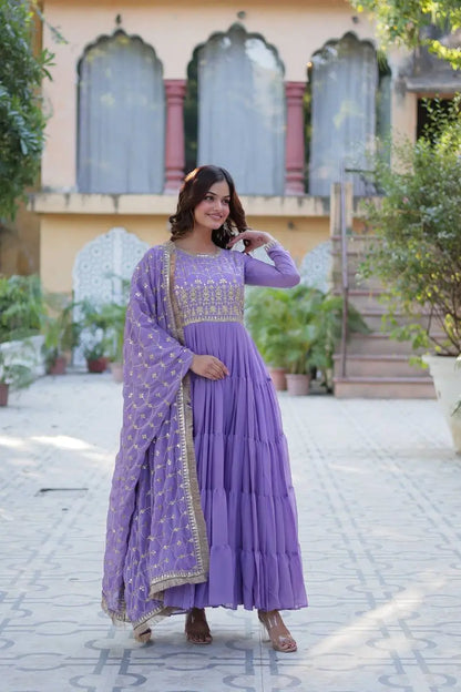 Light Purple Georgette Fully Flair Gown With Embroidery Work And Heavy Dupatta