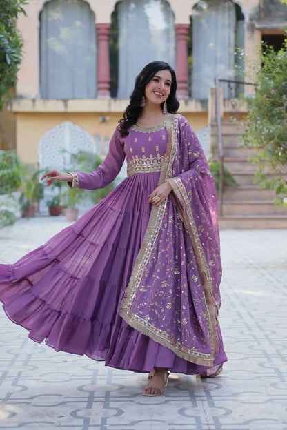 Dark Lavender Georgette Fully Flair Gown With Embroidery Work With Heavy Dupatta