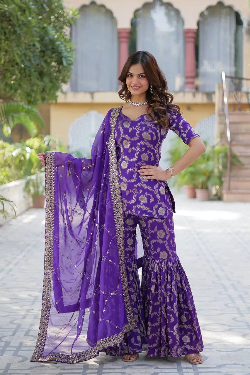 Purple Iris Georgette Jacquard Salwar Suit With Dupatta