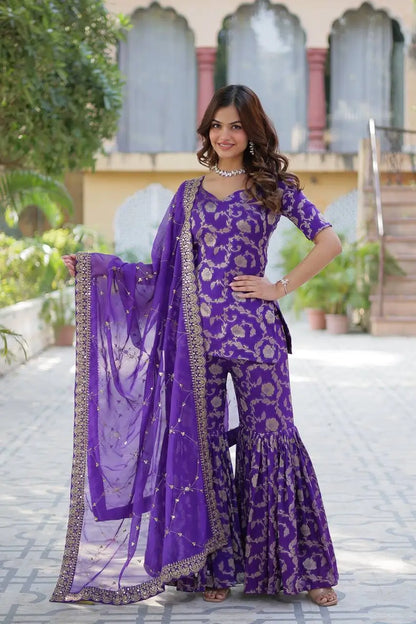 Purple Iris Georgette Jacquard Salwar Suit With Dupatta