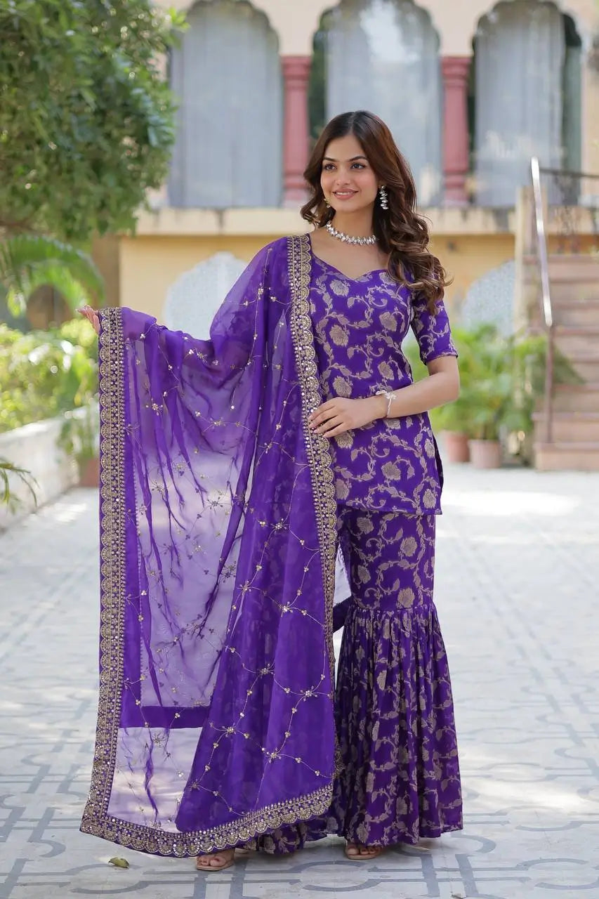 Purple Iris Georgette Jacquard Salwar Suit With Dupatta