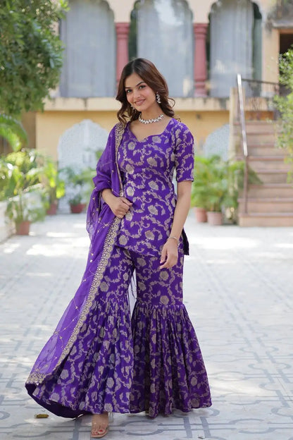 Purple Iris Georgette Jacquard Salwar Suit With Dupatta
