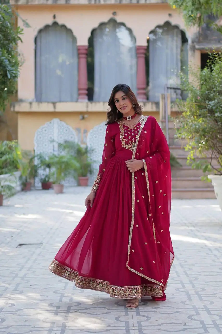 Pink Georgette Gown With Rich Sequins Embroidered Work With Dupatta