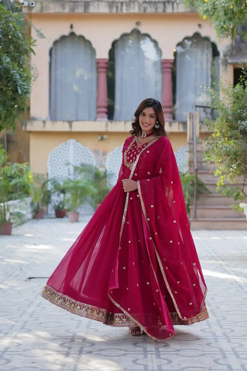 Pink Georgette Gown With Rich Sequins Embroidered Work With Dupatta
