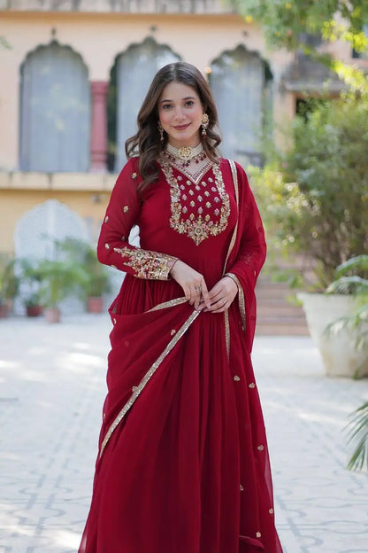 Maroon Georgette Gown With Rich Sequins Embroidered Work With Dupatta