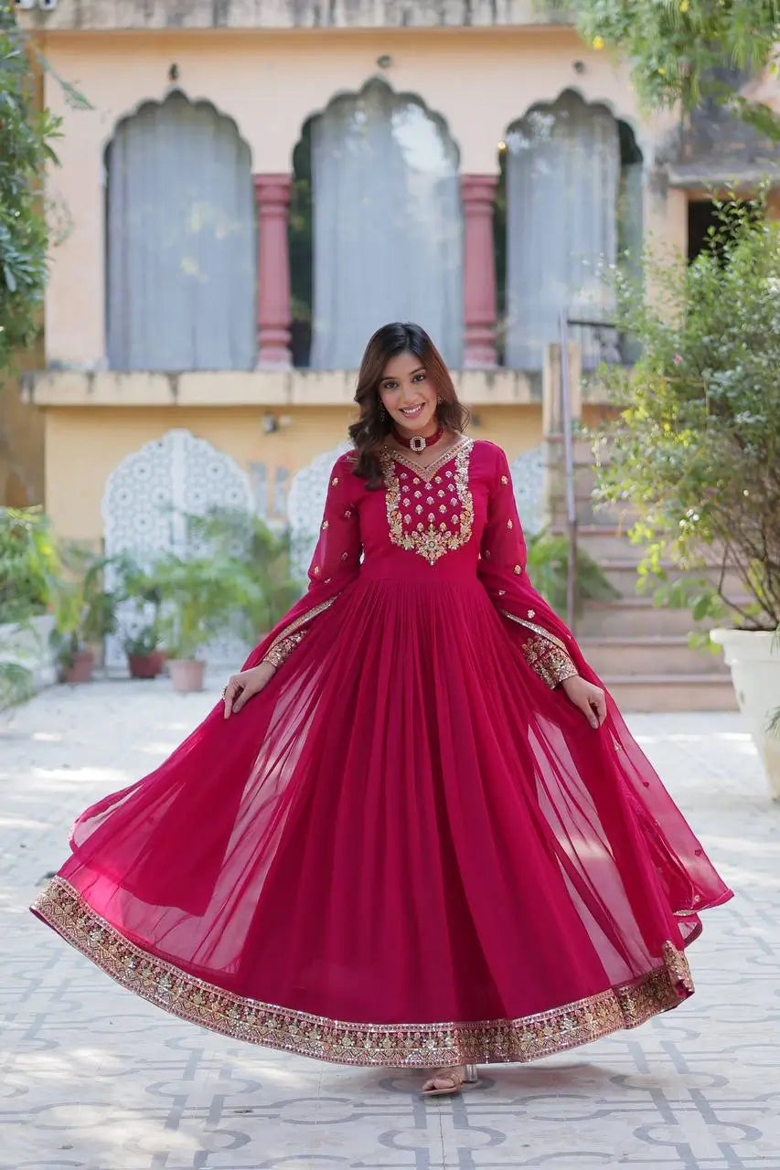 Pink Georgette Gown With Rich Sequins Embroidered Work With Dupatta