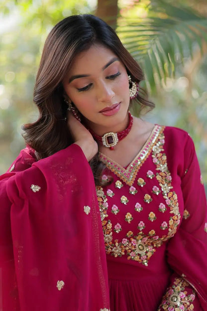 Pink Georgette Gown With Rich Sequins Embroidered Work With Dupatta