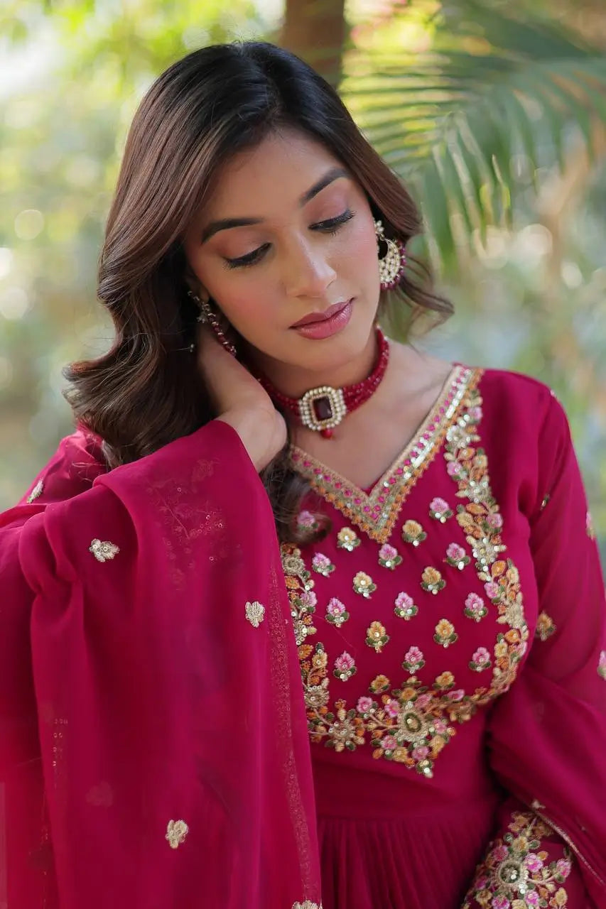 Pink Georgette Gown With Rich Sequins Embroidered Work With Dupatta