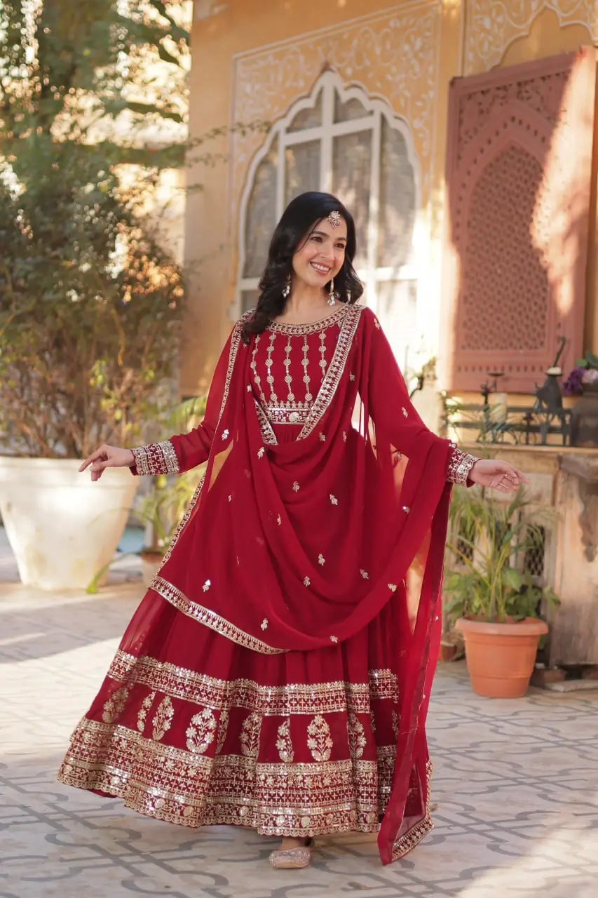 Dark Red Georgette Zari Sequins Embroidery Work Gown And Dupatta